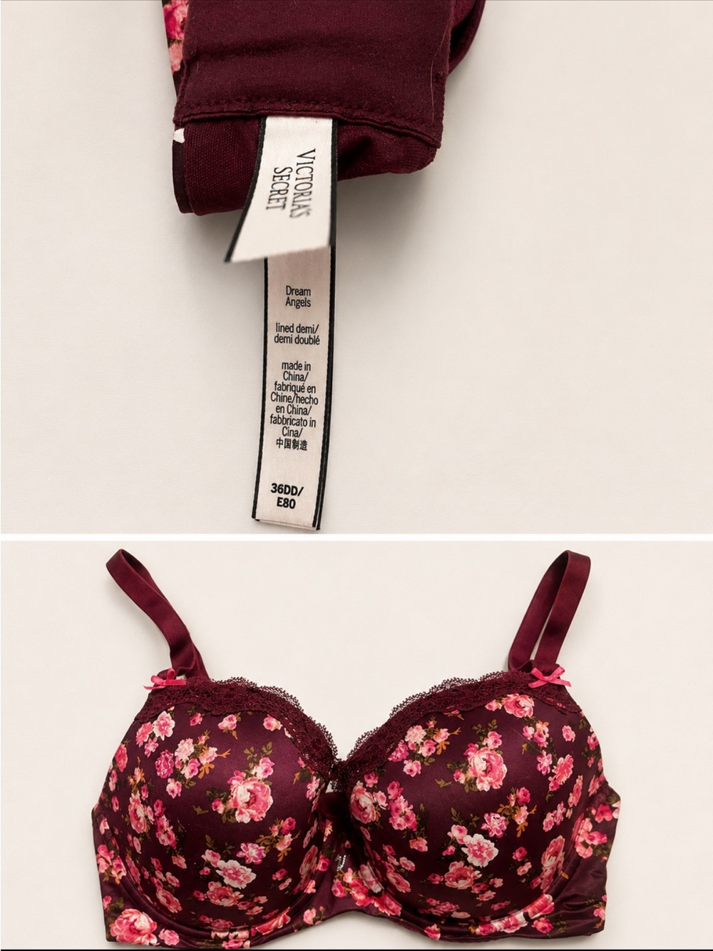 Victoria's Secret Burgundy Floral Lined Demi Bra